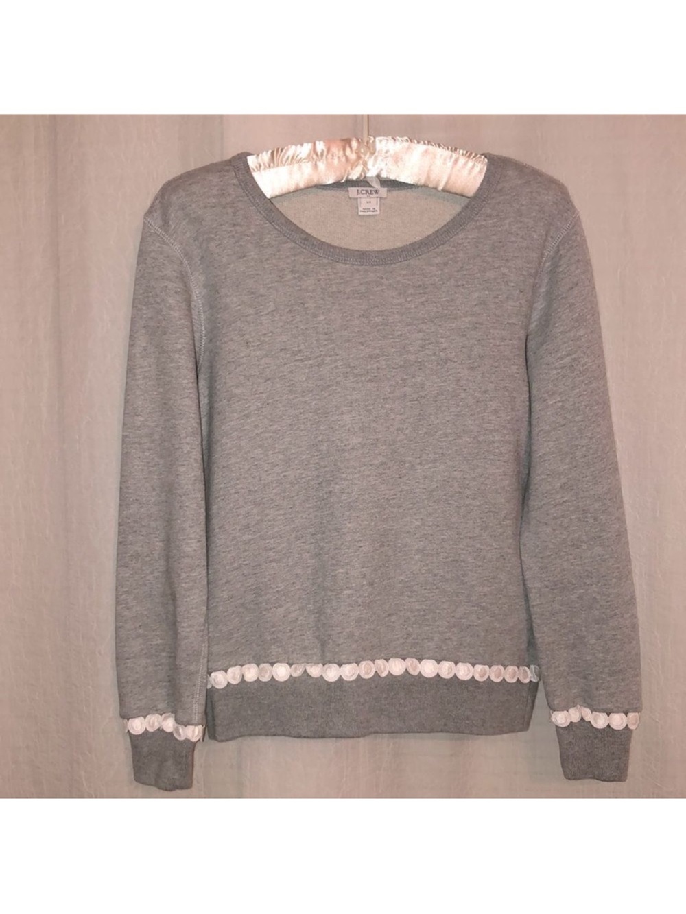 J. Crew XS Silver Gray White Eyelet Embroidered Cuffs and Hem Crewneck Pullover